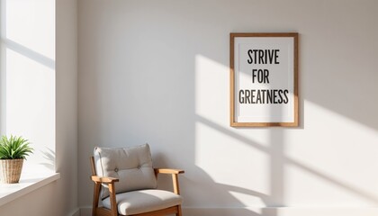 motivational phrase "STRIVE FOR GREATNESS" framed on wall with modern chair and plant, inspirational home decor for personal development