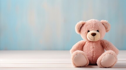 Teddy bear with hearts on a wooden table. Valentine's Day concept