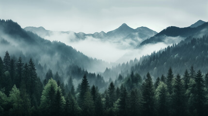 Paysage de forêt dans les montagnes. Nuage, brume, brouillard. Horizon, calme. Pour conception et création graphique.