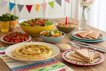 Festive Table with Hummus, Guacamole, Salad, and Pita 