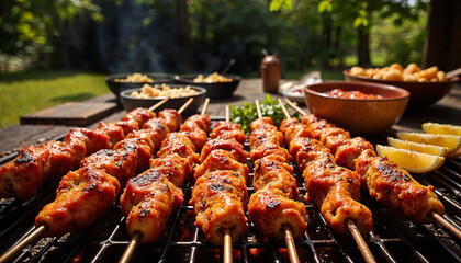 Piri piri chicken skewers, grilled, flavorful, summer outdoor setting with natural sunlight