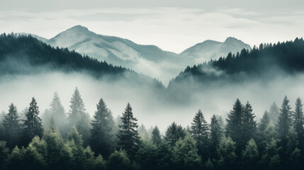 Obraz premium Paysage de forêt dans les montagnes. Nuage, brume, brouillard. Horizon, calme. Pour conception et création graphique.