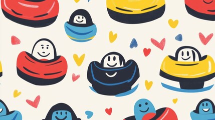 Fototapeta premium Playful Pattern of Cartoon Characters in Colorful Tubes and Hearts