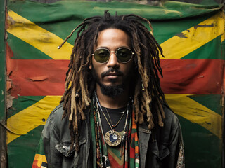Vibrant portrait of a man in front of a colorful flag representing cultural heritage and identity
