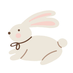 Cute vector hand drawn rabbit with pink ears and brown collar hopping joyfully in a playful pose vector illustration