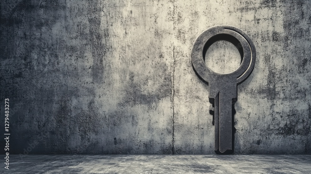 Poster abstract key symbol on textured wall, representing security and access in a modern setting