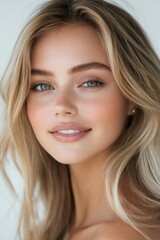 Fototapeta premium Beautiful blonde woman smiling with perfect makeup and hair style