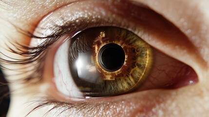 Extreme close-up of a human eye with golden cybernetic enhancements, futuristic biometric interface, and holographic digital circuits