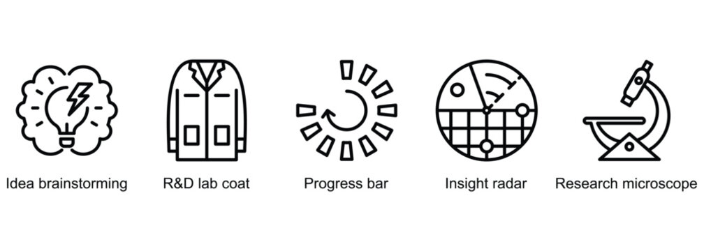 Research and Development web banner icon vector illustration of idea brainstorming, R&D lab coat, progress bar, insight radar, research microscope