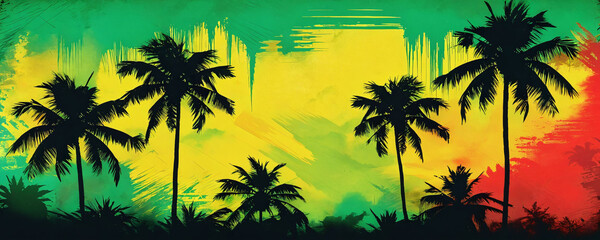 Colorful tropical landscape with silhouettes of palm trees against a vibrant background of yellow, green, and red hues at sunset