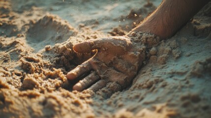 Obraz premium Hand sinking in quicksand, trying to get out, tips to survive in desert, buried