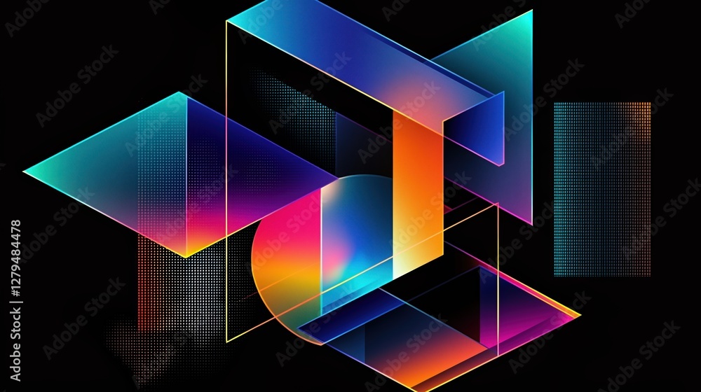 Poster generative ai abstract illustration of geometric shapes in bright neon colors within a dark cyberspa