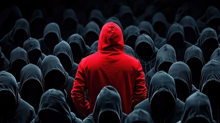 Striking contrast as a man in red hoodie stands among dark hooded figures in a mysterious crowd