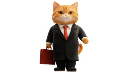Cat in a suit carries a briefcase during the day