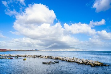 View of Mount Vesuvius from Naples seaside, Naples, Campania, Italy, Europe