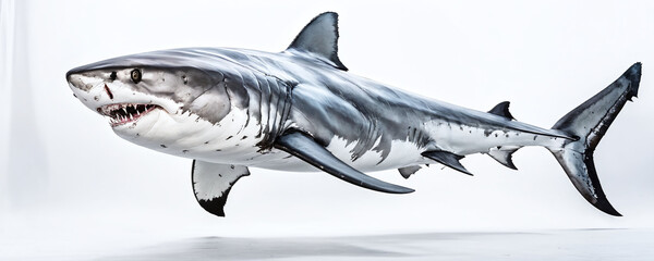 Naklejka premium Great white shark swimming through the ocean during a sunny day exploring its underwater territory