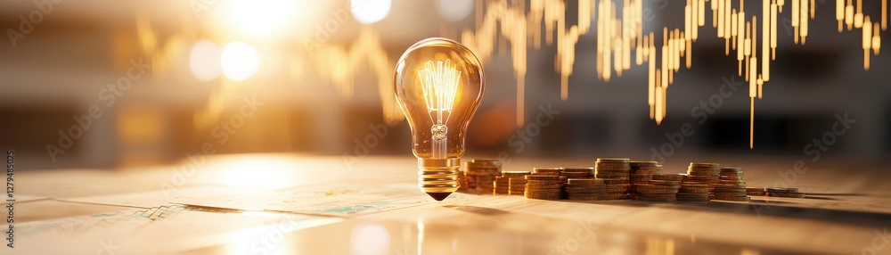 Poster light bulb glowing above stacks of coins with financial graph background in a modern business enviro
