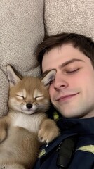 Obraz premium A joyful moment between a man and his sleeping puppy.