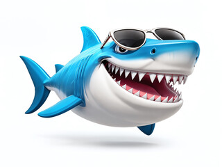 Shark character wearing sunglasses swimming happily in a cartoon style with a bright blue background