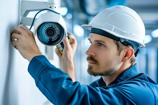 Close-up of an experienced male technician installing a camera in a building