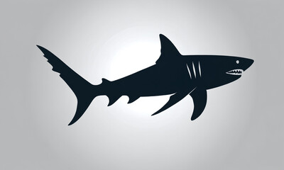 Obraz premium Dark silhouette of a shark swimming in a calm sea displaying its sharp teeth and fins against a gray background