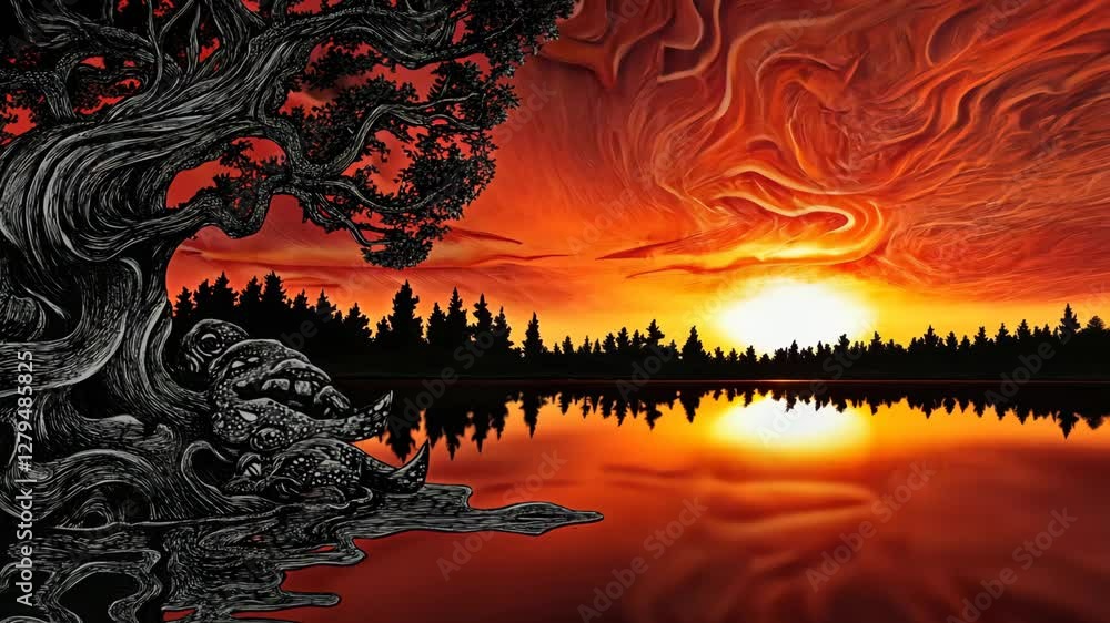 Poster dynamic sunset over tranquil lake with intricate tree design creating a surreal atmosphere in nature