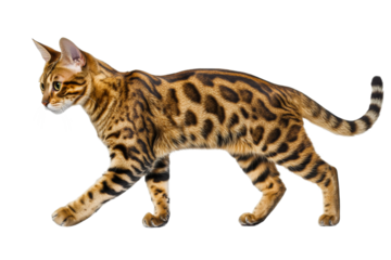 Bengal cat glides on a white surface