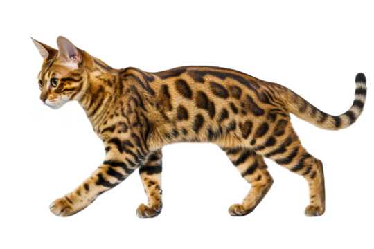 Bengal cat glides on a white surface