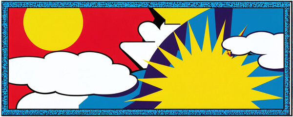 Vibrant abstract artwork depicting a sun and clouds in a colorful landscape with geometric shapes