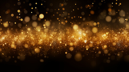 Fototapeta premium Particules scintillantes et brillantes volant sur fond sombre, noir. Lumière orangée, paillettes dorées et flou. Fond pour bannière, conception et création graphique.