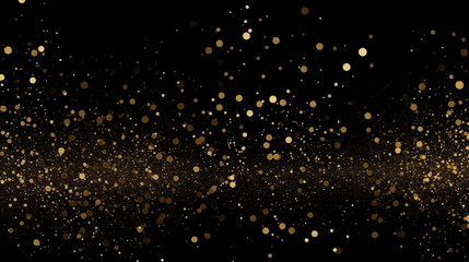 Particules scintillantes et brillantes volant sur fond sombre, noir. Lumière orangée, paillettes dorées et flou. Fond pour bannière, conception et création graphique.