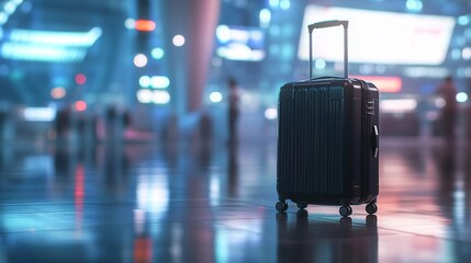 A suitcase on wheels standing against the backdrop of an airport, symbolizing travel, tourism, and adventure