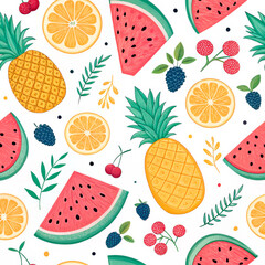 Seamless Pattern With Watermelon, Pineapple, Orange, Cherries, And Berries On A White Background, Perfect For Textile, Packaging, Wallpapers, And Summer-Themed Designs...