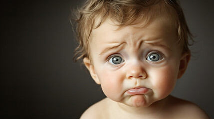 Beb&eacute; con expresi&oacute;n triste mirando a la c&aacute;mara