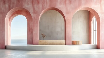 Fototapeta premium Serene Minimalist Interior with Arched Windows and Ocean View