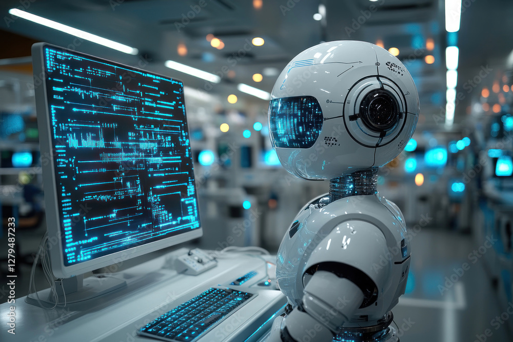 Poster a modern humanoid robot with a sleek white body and high-tech design works at a computer in a futuri