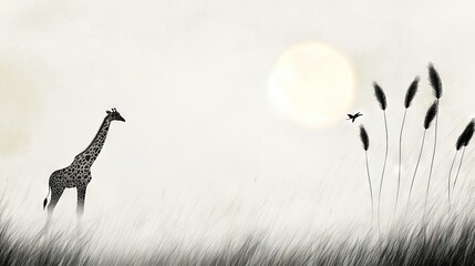   A giraffe painting in a tall grass field with a flying bird in the sky