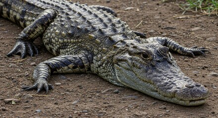 Obraz premium Detailed Portrait of a Wild Crocodile Resting Peacefully on Brown Earth