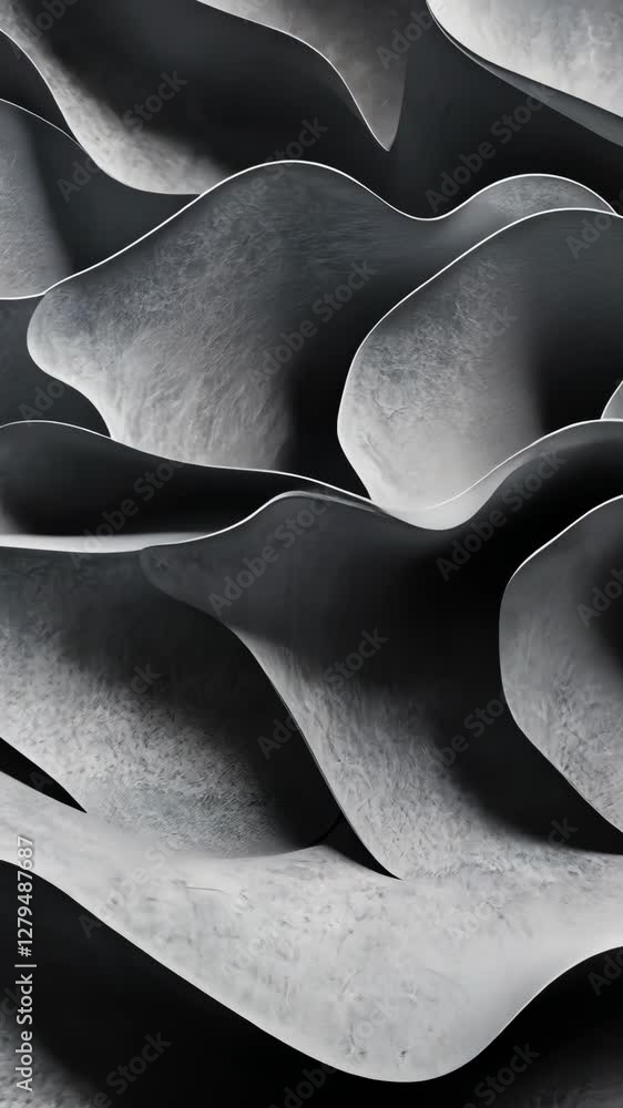 Poster abstract black and white textures form flowing shapes in a sculptural design that evokes a sense of 