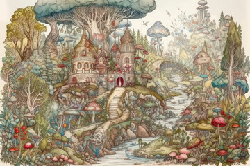 Fototapeta premium a fairytale forest scene with a magical castle surrounded by fantastic mushrooms, winding trees and a babbling brook. 