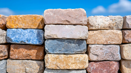 Obraz premium Colorful stone bricks stacked outdoors, bright sky. Construction material sample