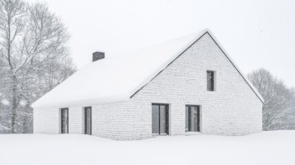 A house made of white painted brick walls in a fresh snow-covered setting. Minimalist house in harsh winter.