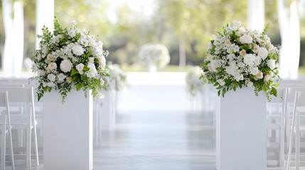White floral wedding aisle decor, outdoor ceremony