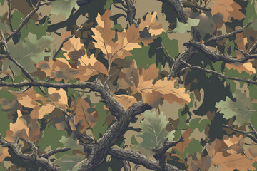 Camouflage seamless pattern. Forest real tree camouflage design. Hunting camouflage.