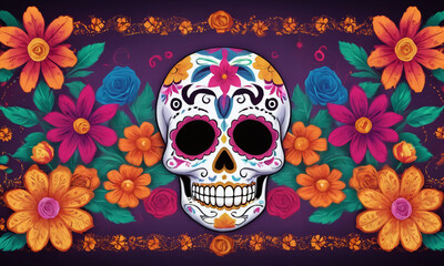 Colorful sugar skull surrounded by vibrant flowers depicting cultural celebration