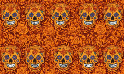 Obraz premium Colorful sugar skull design pattern with floral accents in vibrant shades on an orange background