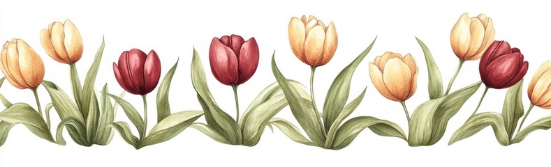 Watercolor Floral Border with Burgundy Yellow Beige Tulips