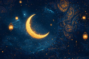 Naklejka premium Stunning Ramadan Wallpaper – Glowing Crescent Moon, Stars, and Intricate Golden Islamic Patterns Against a Deep Indigo Night Sky with Warm Lantern Lights and Photorealistic Textures in 4K Resolution
