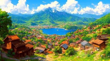 Scenic mountain village overlooking a blue lake in a lush green valley with traditional wooden houses. Seamless looping 4K video background