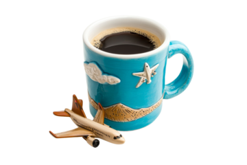 Coffee cup with airplane design and mountains